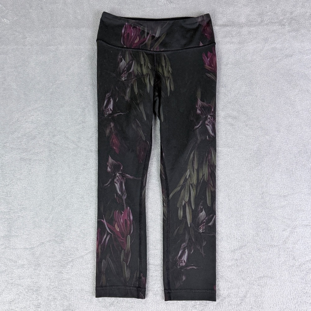 Lululemon Wunder Under Crop Leggings Midnight Iris Black Purple Floral Womens 4